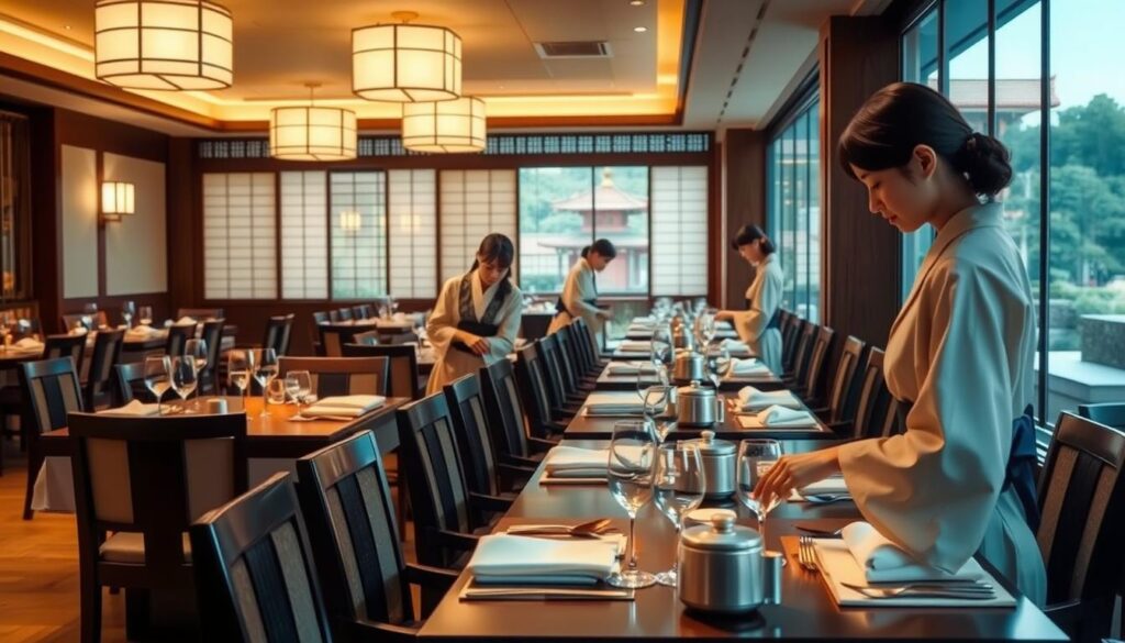 A serene, meticulously detailed scene of a traditional Japanese hotel dining room, with a team of young, dark-haired Japanese servers dressed in formal kimonos and hakama meticulously arranging the table settings, adjusting the cutlery and glassware, and preparing for the arrival of guests. Soft, warm lighting from overhead fixtures casts a gentle glow, highlighting the intricate patterns and textures of the lacquered furniture and the elegant, well-maintained wooden floors. The background features a subtly blurred view of the hotel's gardens, with the occasional glimpse of greenery and the distant silhouette of a pagoda or other traditional architectural element.