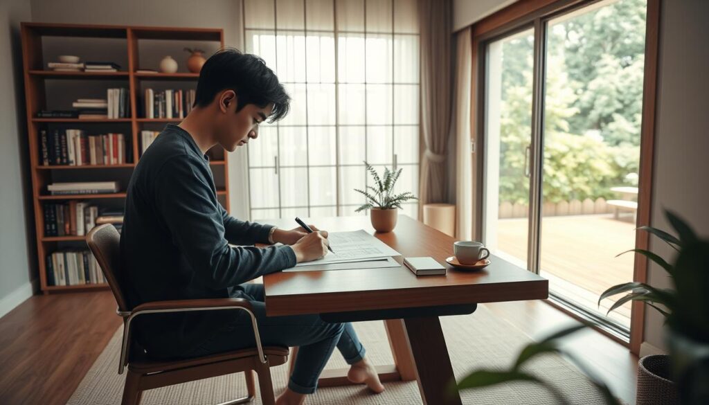 A serene, minimalist Japanese-inspired home office setting. The foreground features a young, focused interior designer sketching plans on a sleek wooden desk, with a potted plant and a cup of tea nearby, conveying a sense of calm focus. The middle ground showcases an elegant bookshelf filled with design reference materials, while the background depicts a large window overlooking a tranquil garden, bathing the space in warm, natural light. The overall atmosphere is one of understated sophistication and quiet contemplation, reflecting the mindset of an independent interior coordinator embarking on their professional journey.