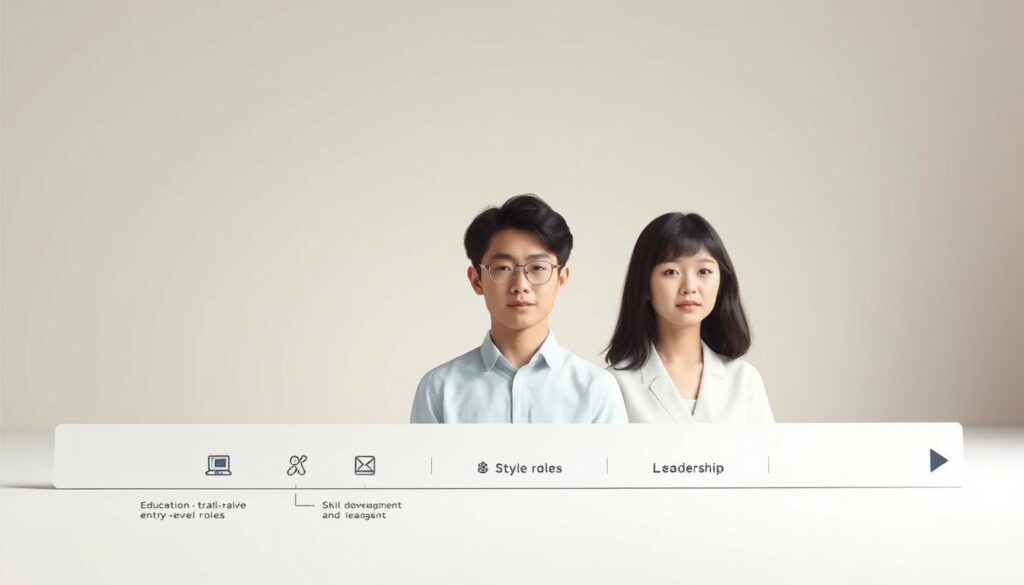 A serene, minimalist illustration depicting the career steps of a young, Japanese-looking facilitator. The foreground features a clean, abstract timeline with icons representing the various stages - education, entry-level roles, skill development, management, and leadership. In the middle ground, a trio of figures, modeled after realistic portraits, are shown progressing through these steps, their expressions calm and focused. The background is a soft, neutral palette, allowing the central elements to take visual prominence. Subtle lighting and a narrow depth of field create a sense of depth and focus. The overall mood is one of quiet contemplation and professional growth.