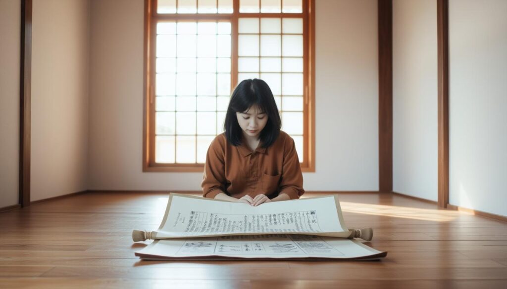 A serene, minimalist interior setting featuring a young Japanese woman in her early 20s, her black hair neatly styled. She sits cross-legged on a wooden floor, engrossed in studying a scroll laid out before her. Natural light filters in through a large window, casting a warm, contemplative glow. The scene evokes a sense of focus, dedication, and the tranquility of the traditional practices that define the career path of a skilled acupuncturist. The overall mood is one of quiet introspection and the pursuit of mastery.