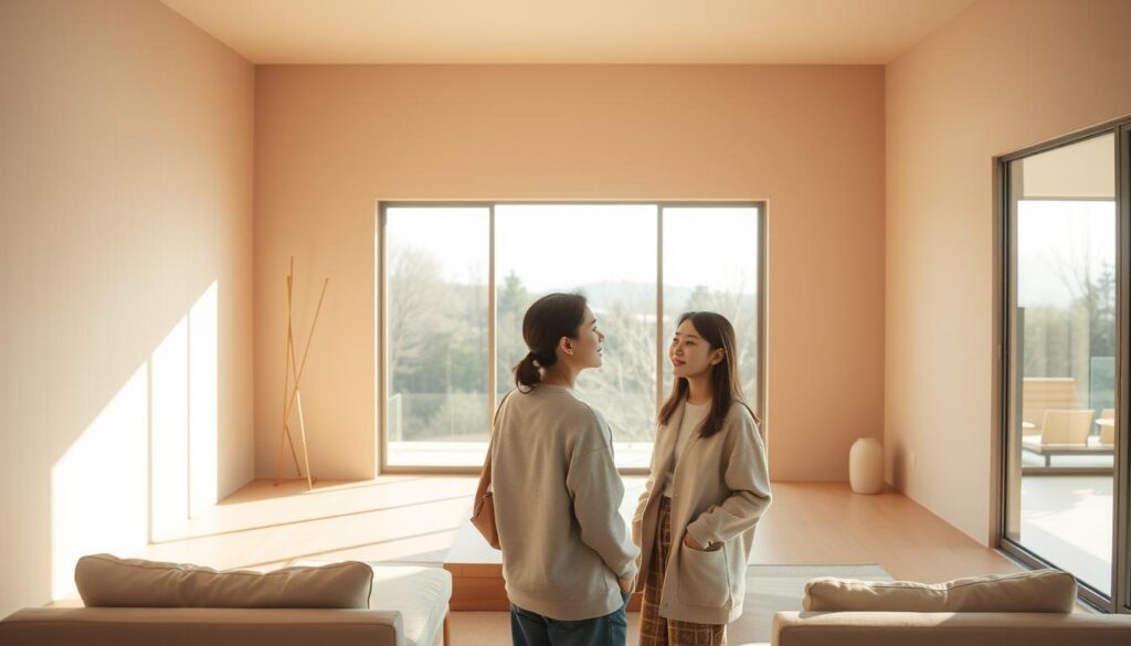 A serene, minimalist interior space, bathed in warm, natural lighting. The walls are painted in a soft, earthy tone, complemented by sleek, modern furniture pieces in muted tones. A large, floor-to-ceiling window frames a tranquil outdoor view, blurring the lines between indoor and outdoor spaces. The space is designed with a focus on clean lines, balanced proportions, and harmonious color palettes, creating a sense of calm and thoughtful design. Three young, Japanese-looking individuals, their expressions serene, are engaged in casual conversation, immersed in the well-crafted environment.
