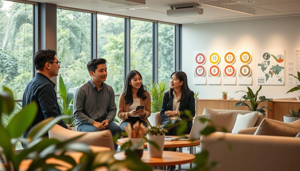 A serene, minimalist office space with large windows overlooking a lush garden. In the foreground, a group of young, Japanese-looking professionals engrossed in a collaborative discussion, their expressions reflective and purposeful. They are surrounded by sleek, eco-friendly furniture and decor, complemented by natural materials and warm lighting. In the background, the walls are adorned with visual aids depicting the 17 Sustainable Development Goals, underscoring the facility's commitment to sustainability. The overall atmosphere is one of purposeful, forward-thinking innovation, where sustainable practices are seamlessly integrated into the daily operations.