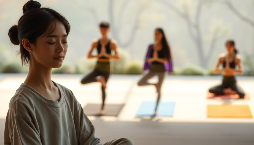 A serene, minimalist scene of young, Japanese-inspired figures engaged in various mental health practices. In the foreground, a person meditates peacefully, their face calm and centered. In the middle ground, a group of individuals practice yoga, their bodies gracefully flowing through poses. The background depicts a tranquil, nature-inspired setting with soft lighting, perhaps a zen garden or gentle forest. The overall atmosphere conveys a sense of holistic well-being, highlighting the latest advancements in mental healthcare technology and techniques.