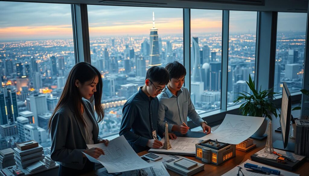 A serene, modern architectural office overlooking a bustling city skyline. In the foreground, a team of young, Japanese-looking architects pore over detailed blueprints and 3D models, their faces lit by the warm glow of computer screens. The middle ground features an array of architectural tools and scale models, showcasing the full breadth of their professional capabilities. The background depicts the sweeping urban landscape beyond the office windows, hinting at the scope of their projects and influence. The scene exudes a sense of focus, expertise, and the collaborative nature of the architect's craft.