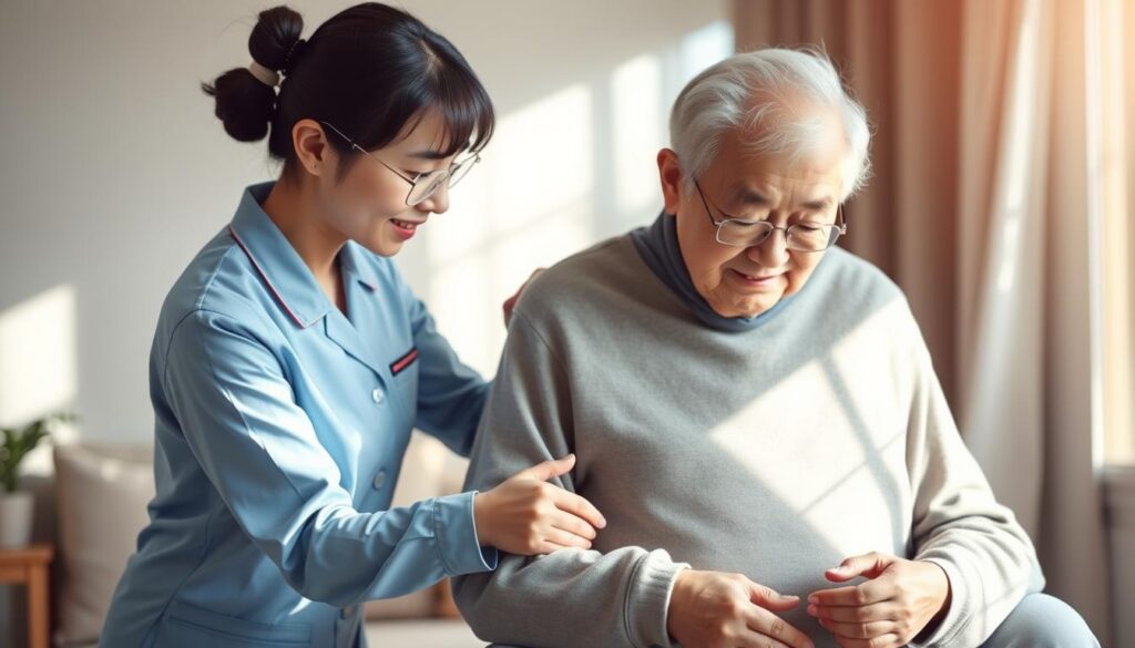 A serene, modern home setting with a young, Japanese-looking home care worker assisting an elderly client. The helper wears a crisp, professional uniform and assists the senior with daily tasks, demonstrating empathy and care. Soft, natural lighting fills the room, creating a warm, comforting atmosphere. The client appears content and relaxed, trusting the helper's attentive service. The scene conveys the compassionate, hands-on nature of home care work, with the helper's role central in supporting the client's well-being and independence.