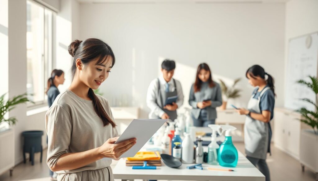 A serene, modern interior with bright natural lighting highlighting a group of young Japanese-looking individuals in a professional training setting. The foreground features a woman attentively studying a document, while her peers are engaged in discussions and demonstrations around a central table. The middle ground showcases various cleaning supplies, tools, and equipment, suggesting the practical training aspect. The background depicts clean, minimalist walls and furnishings, creating a calming, focused atmosphere conducive to learning the intricacies of the cleaning profession. Soft shadows and warm tones convey a sense of professionalism and expertise being cultivated.