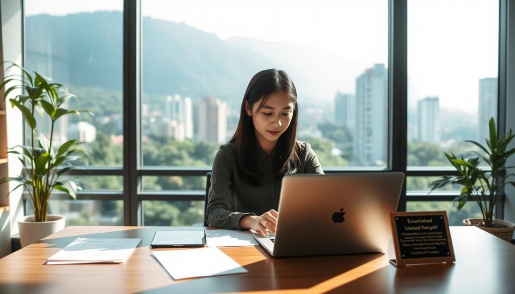 A serene, modern office space with an expansive window overlooking a lush cityscape. In the center, a young Japanese woman in her 20s sits at a desk, focused intently on her laptop. She has a calm, professional demeanor and her dark hair is neatly styled. On the desk are various documents and a plaque indicating her credentials as a licensed therapist. The lighting is soft and natural, creating a warm, welcoming atmosphere. The room conveys a sense of expertise, education, and a commitment to providing compassionate, high-quality care.