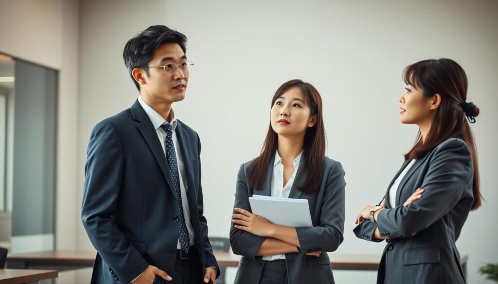 A serene, modern workspace with clean lines and natural light. Three young, professionally dressed Japanese individuals - a male and two females - stand thoughtfully, discussing their career prospects as school administrators. Soft, diffused illumination casts a warm, contemplative tone, highlighting their earnest expressions as they consider the challenges and opportunities ahead. The scene conveys a sense of purpose, ambition, and a desire to make a meaningful contribution within their chosen field.