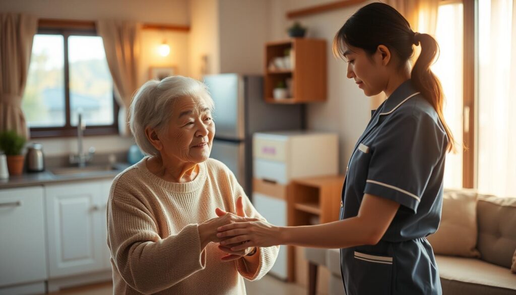 A serene morning in a Japanese household as a young, attentive home care worker assists an elderly client with their daily routine. The worker, dressed in a crisp uniform, gently guides the client through tasks like bathing, grooming, and light housekeeping. Warm lighting filters in through the windows, creating a peaceful atmosphere. In the background, a tidy kitchen and living area set the scene for the intimate, compassionate interactions between the caregiver and care recipient. The scene conveys the dedication and care that defines the role of a home care professional.