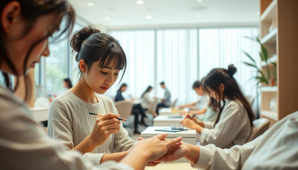 A serene nail salon, bathed in soft natural light filtering through large windows. In the foreground, a young, skilled nail artist carefully applies a delicate design to a client's nails, their concentration evident in their precise movements. The middle ground showcases several nail artists, each focused on their own work, representing the diverse paths a nail professional can take - from specialized manicurist to multitalented technician. In the background, a tranquil lounge area invites clients to relax and admire the artists' handiwork. The overall atmosphere conveys the meticulous craft, creativity, and attentive service that defines the work of a Japanese-inspired nail artist.