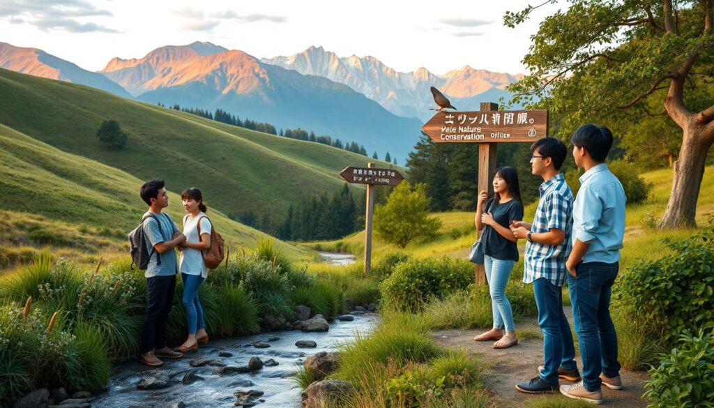 A serene natural landscape, with rolling hills, lush green foliage, and a tranquil stream flowing through the center. In the foreground, a group of young Japanese professionals in casual attire, engaged in a discussion, gesturing animatedly as they explore their career options. The middle ground features a signpost pointing the way to various nature conservation roles, while the background showcases majestic mountains, bathed in the warm glow of a setting sun. The scene conveys a sense of purpose, opportunity, and a deep appreciation for the natural world, inspiring the viewer to consider a career as a nature conservation officer.