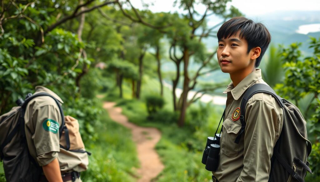 A serene natural setting, with a young Japanese-looking park ranger standing in the foreground, surveying the lush greenery around them. The ranger wears a khaki uniform with a badge, backpack, and binoculars, suggesting a hands-on, field-based role. In the middle ground, a trail winds through the trees, leading to a scenic vista of rolling hills and a distant river. The lighting is soft and diffused, creating a calm, contemplative atmosphere. The scene conveys a sense of stewardship and appreciation for the great outdoors, hinting at the diverse career paths available to dedicated nature protection professionals.