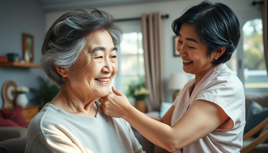 A serene, naturally-lit scene depicting the warmth and care of in-home nursing assistance. In the foreground, a young Japanese caregiver tenderly assists an elderly patient, their faces radiating a sense of trust and comfort. The middle ground showcases the cozy, well-appointed living space, with touches of personalization that convey the patient's sense of home. In the background, a window offers a glimpse of the outside world, suggesting the freedom and independence enabled by in-home care. The overall mood is one of compassion, dignity, and the fulfillment found in meaningful work. Cinematic lighting and a shallow depth of field accentuate the intimate, human connection at the heart of this profession.