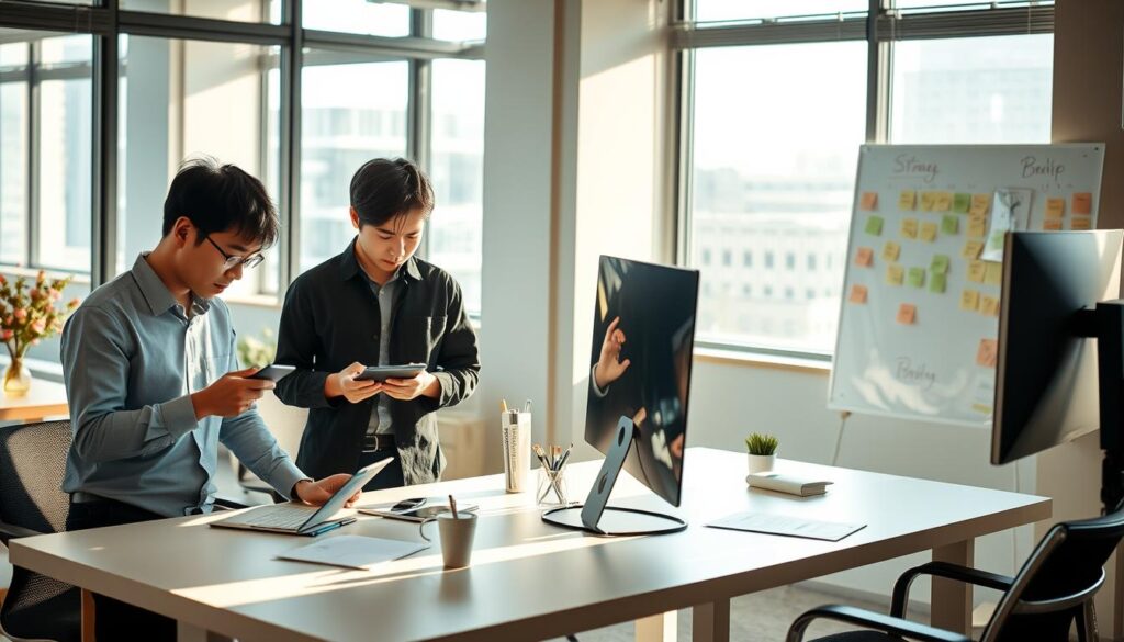 A serene office environment with three young Japanese designers collaborating at a modern workspace. Soft natural light filters through large windows, casting warm shadows on their focused expressions. One designer sketches ideas on a tablet, another reviews digital mockups on a curved monitor, while the third brainstorms with sticky notes on a whiteboard. The designers' stylish but practical attire - crisp shirts, tailored pants, and minimalist accessories - reflects their professionalism and design-centric sensibilities. An inspirational mood, conveying the rewarding, hands-on nature of a designer's career path.