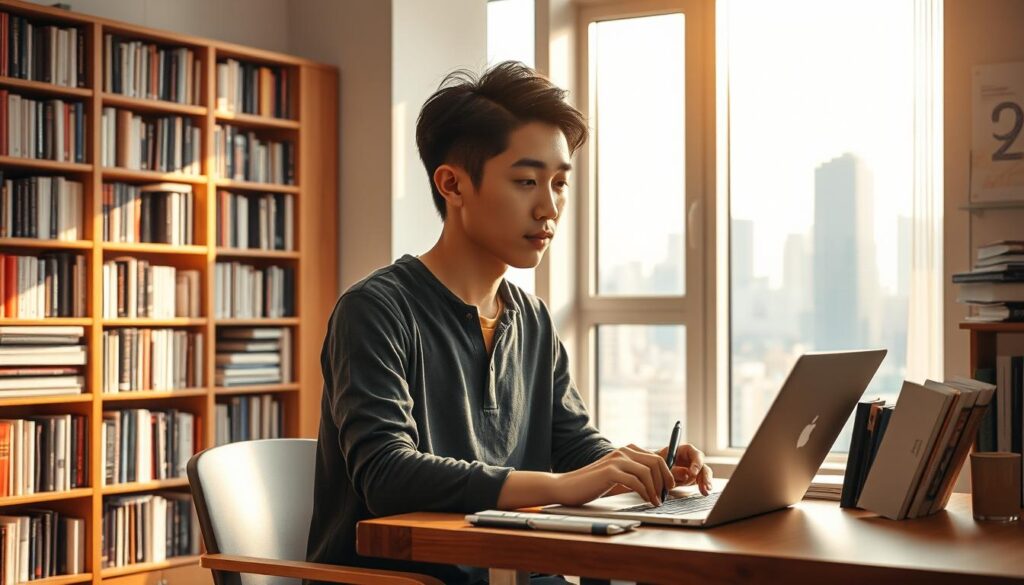 A serene office interior, bathed in warm, diffused lighting from large windows. In the foreground, a young, thoughtful-looking Japanese freelance writer sits at a minimalist wooden desk, laptop open, pen in hand, contemplating their next piece. Bookshelves line the walls, filled with volumes on diverse topics. Through the windows, a view of a bustling city skyline, hinting at the wider world of possibilities beyond. The atmosphere is one of focus, creativity, and a sense of the writer's journey towards professional growth and fulfillment.
