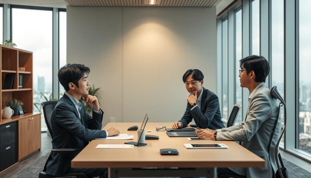 A serene office interior with a large desk, ergonomic chair, and modern workspace accessories. Three young, professional-looking Japanese individuals, dressed in formal attire, sit around the desk engaged in discussion, their expressions thoughtful. Warm, directional lighting emanates from overhead, casting a soft glow across the scene. The background features a panoramic city skyline visible through floor-to-ceiling windows, hinting at the high-level nature of their work as construction consultants. The overall atmosphere conveys a sense of analytical focus and productive collaboration.
