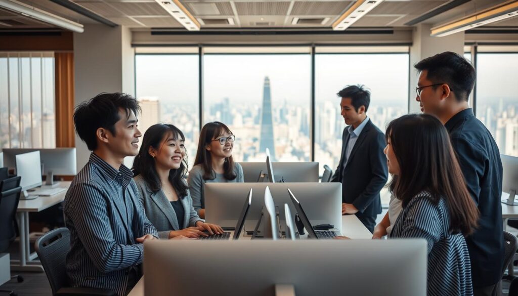 A serene office scene showcasing the vibrant employment trends for copywriters in Japan. In the foreground, a group of young, stylishly dressed Japanese professionals engage in animated discussions, their faces exuding a sense of focus and creativity. The middle ground features an array of modern, minimalist workstations, conveying an atmosphere of productivity and innovation. The background showcases a panoramic view of a bustling urban landscape, hinting at the dynamic market demands driving the growing demand for skilled copywriters. The scene is bathed in warm, natural lighting, creating a welcoming and inspiring atmosphere that captures the essence of the thriving copywriting profession in Japan.