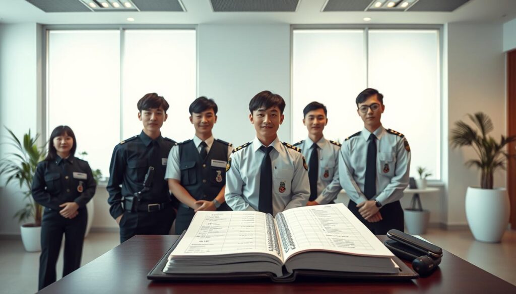A serene office setting, bathed in soft, diffused lighting. A group of young, Japanese-looking security guards stand in a semicircle, their faces conveying a sense of professionalism and dedication. In the foreground, a large desk with an open ledger, meticulously recording their salaries and benefits. The background depicts a clean, minimalist workspace with a few potted plants, suggesting a well-organized and well-maintained environment. The guards' uniforms are crisp and tailored, their posture upright, reflecting the care and attention given to their workplace conditions and compensation. The overall atmosphere exudes a sense of order, stability, and the importance placed on the role of the security guard within the organization.