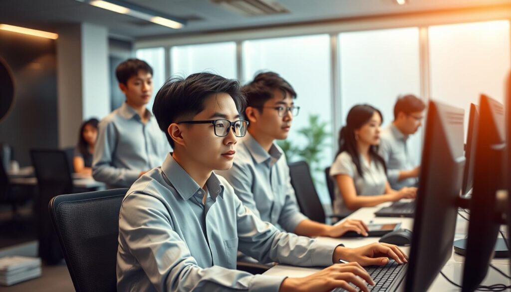 A serene office setting, bathed in warm lighting, showcases a diverse team of young, Japanese-looking professionals ascending a career path as dispatchers. In the foreground, a focused individual diligently navigates complex computer systems, managing critical logistics. Surrounding them, colleagues collaborate, exchanging ideas and strategizing, their expressions conveying determination and pride. In the background, a sleek, modern interior with clean lines and subtle accents hints at the advanced technology powering their dynamic workflows. This image captures the rewarding journey of dispatchers, their skills and dedication shaping the efficient flow of essential services.