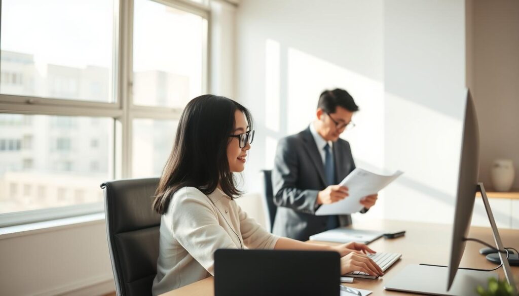 A serene office setting, bathed in warm natural light filtering through large windows. A young, professional-looking Japanese woman, with dark hair and a pleasant demeanor, sits at a desk, focused on her computer screen. Nearby, another man, also Japanese, reviews financial documents. The room is minimalist yet elegant, with tasteful decor and a calming atmosphere, conveying the serious yet rewarding nature of the financial planning profession. The lighting is soft and diffused, creating a sense of tranquility and thoughtfulness. The overall scene captures the essence of a financial planner's work - analyzing data, advising clients, and striving to provide personalized, high-quality financial guidance.