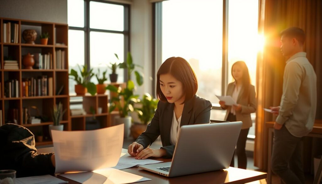 A serene office setting, bathed in warm natural light. In the foreground, a young professional, a Japanese-looking woman with short black hair, sits at a desk, intently studying documents and laptop screen. Behind her, two colleagues, a man and a woman, engage in an animated discussion, gesturing with purpose. The middle ground showcases bookshelves, potted plants, and tasteful decor, creating a contemplative, career-focused atmosphere. In the background, a large window overlooks a cityscape, suggesting the broader context of this career development process. The lighting is soft, diffuse, and evocative, capturing the seriousness and focus of the scene. This image aims to convey the dedicated, step-by-step journey towards earning the Career Consultant certification.