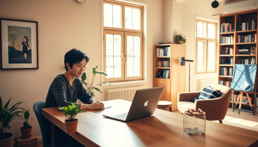 A serene office setting where a young Japanese interpreter balances their work and personal life. The warm, natural lighting filters through large windows, casting a peaceful glow. In the foreground, the interpreter sits at a minimalist wooden desk, laptop open, focused on their task. Potted plants and a framed artwork add a touch of tranquility. In the middle ground, a cozy reading nook invites relaxation, with a plush armchair and a stack of books. The background features a wall of bookshelves, hinting at the interpreter's dedication to their craft. The overall atmosphere conveys a harmonious work-life balance, where productivity and self-care coexist in perfect harmony.