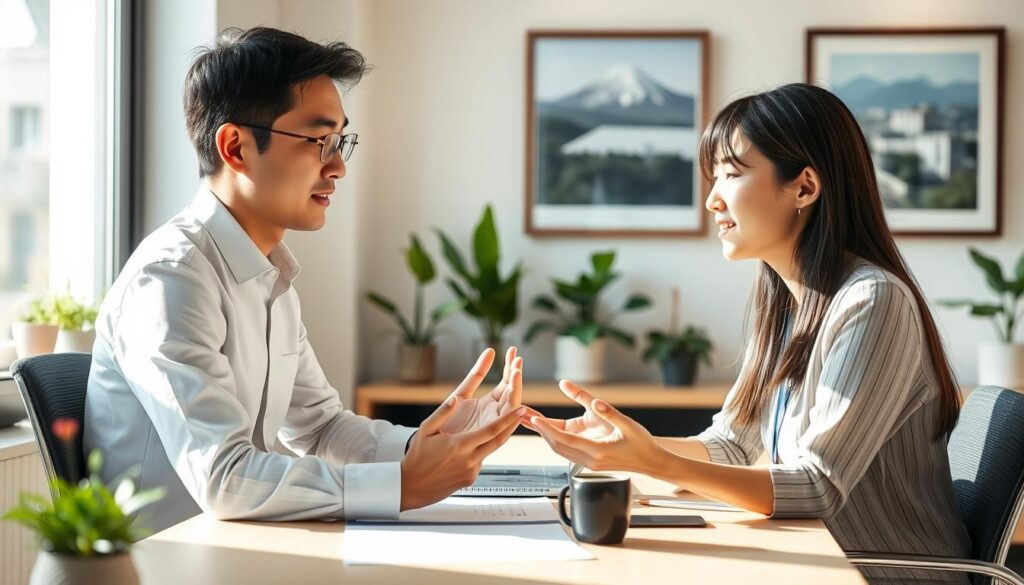 A serene office setting with a Japanese-looking tourism consultant sitting at a desk, engaged in discussion with a client. The consultant has a calm, professional demeanor and is leaning forward, listening intently. The client, also young and Japanese-looking, is gesturing animatedly, conveying their needs. The lighting is soft and natural, creating a warm and inviting atmosphere. The background features minimalist decor, with potted plants and a framed landscape painting, suggesting a modern, tasteful workspace. The scene captures the collaborative nature of the consultant-client relationship, with both parties working together to manage a tourism project.