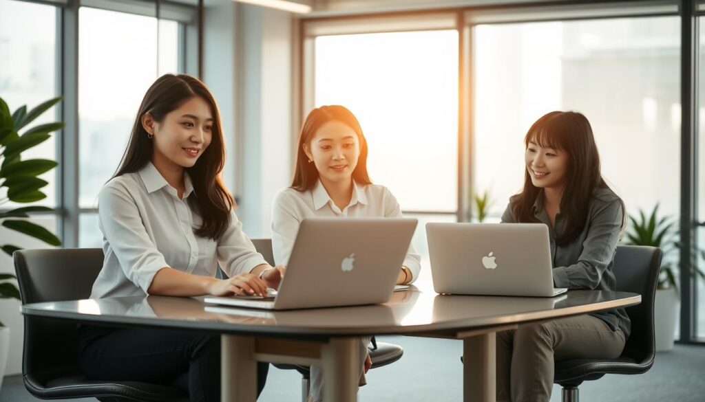 A serene office setting with a contemporary, minimalist design. Three young, professional Japanese women, their dark hair framing their focused expressions, sit at a table, laptops open, engaged in conversation. Natural lighting filters in through large windows, casting a warm glow over the scene. The women's attire is smart, yet comfortable - button-down shirts, tailored pants, and sensible shoes. An atmosphere of collaboration and productivity pervades the space, reflecting the supportive nature of this "women-friendly" career guidance service.