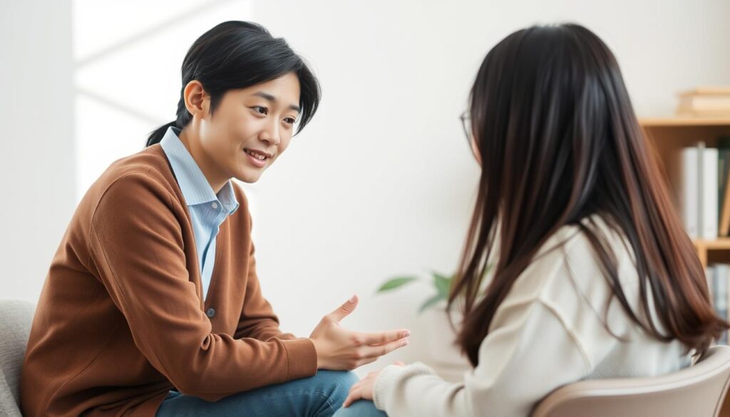 A serene office setting with a counselor and a student engaged in an attentive conversation. The counselor, a young, dark-haired Japanese-looking professional, sits across from the student, their expressions conveying empathy and openness. Soft, natural lighting filters through the room, creating a calming atmosphere. The scene captures the thoughtful, collaborative process of the counseling session, with the two figures leaning in towards each other, focused on the exchange. The background is uncluttered, allowing the interaction to take center stage, reflecting the intimate and supportive nature of the encounter.