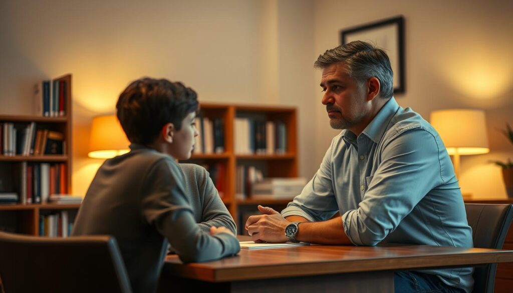 A serene office setting with a counselor seated at a wooden desk, deep in conversation with a client. Soft, warm lighting illuminates the space, creating an atmosphere of trust and understanding. The counselor's expression is thoughtful, their gaze attentive as they listen intently. In the background, bookshelves line the walls, hinting at the depth of knowledge and experience they bring to their work. The client, a young person with a pensive expression, is engaged in a meaningful dialogue, seeking guidance and support. The overall scene conveys the calm, contemplative nature of the counselor's daily routine, focused on providing care and helping others navigate life's challenges.