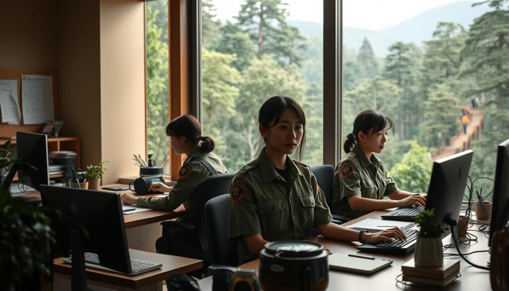 A serene office setting with a large window overlooking a lush, verdant forest. A team of young, Japanese-looking park rangers diligently work at their desks, surrounded by nature-themed decor and equipment. Warm, diffused lighting creates a calm, professional atmosphere. The rangers' uniforms are practical yet stylish, conveying their dedication to environmental protection. In the background, a glimpse of a scenic hiking trail leading into the wilderness, hinting at the diverse responsibilities and outdoor adventures of the nature conservation officers. An atmosphere of purpose, sustainability, and a deep connection to the natural world permeates the scene.