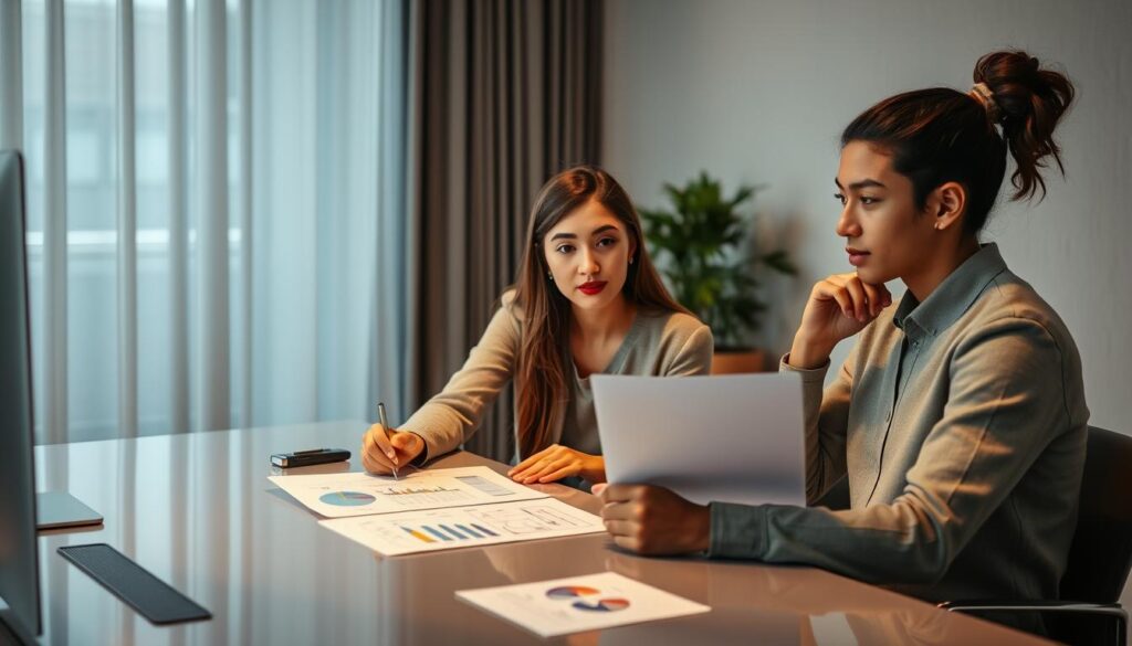 A serene office setting with a professional counselor guiding a young client through a career growth discussion. Soft, warm lighting illuminates their thoughtful expressions as they review progress charts and goal plans on a sleek desk. The counselor, poised and attentive, offers gentle wisdom, while the client, engaged and hopeful, considers their next steps towards a fulfilling career path. The scene exudes a sense of trust, collaboration and optimism, capturing the essence of a productive counseling session aimed at empowering personal and professional development.