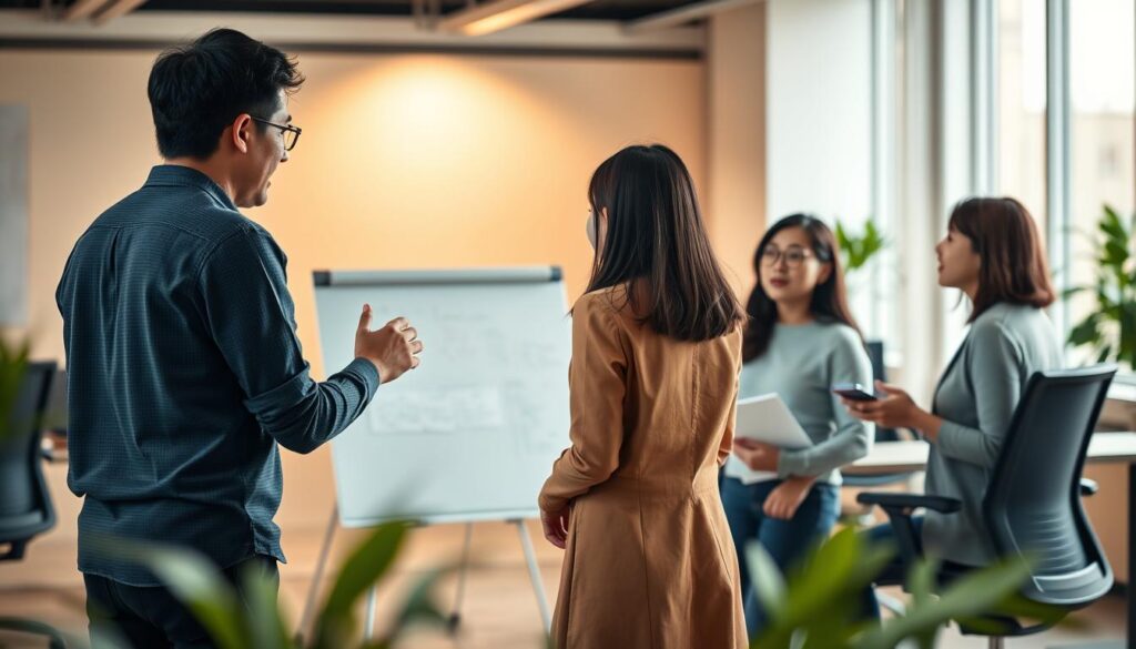 A serene office setting with a team of young, Japanese-looking professionals engaged in an interactive facilitation session. The foreground features a group of four individuals clustered around a whiteboard, gesturing animatedly and exchanging ideas. The middle ground showcases a modern, well-lit workspace with ergonomic furniture and minimalist decor, creating a collaborative and focused atmosphere. The background subtly blurs into a warm, natural lighting that casts a soft glow, emphasizing the professional yet relaxed ambiance. The scene captures the essence of facilitation work - productive discussions, shared insights, and a commitment to effective teamwork.