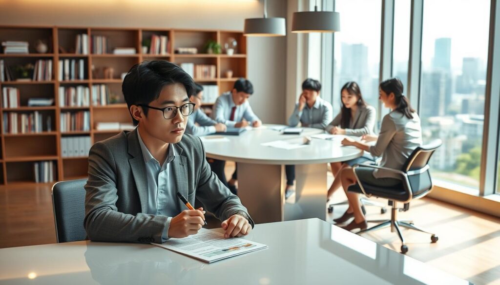 A serene office setting with a team of young, focused Japanese professionals, each embodying the journey of a columnist. In the foreground, a writer sits thoughtfully at a sleek desk, pen in hand, surrounded by bookshelves and a window offering a cityscape view. Behind them, colleagues collaborate at a conference table, exchanging ideas and brainstorming their next column. Soft, warm lighting casts a contemplative atmosphere, while the overall composition conveys the dedication, creativity, and camaraderie inherent in the columnist's career path.
