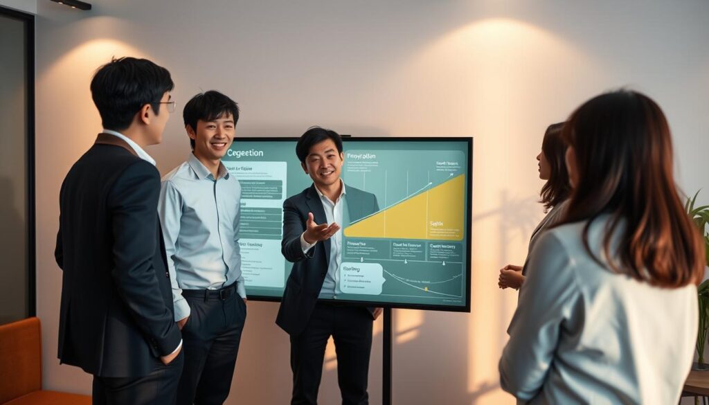 A serene office setting with a team of young, professional Japanese-looking consultants gathered around a large interactive display. Warm, directional lighting casts gentle shadows, creating a sense of depth and atmosphere. One consultant stands in the foreground, gesturing towards the display which showcases a career progression diagram. The team appears engaged, discussing their individual paths and growth opportunities within the field of spatial information consulting. The overall scene conveys a collaborative, forward-thinking environment where expertise and innovation thrive.