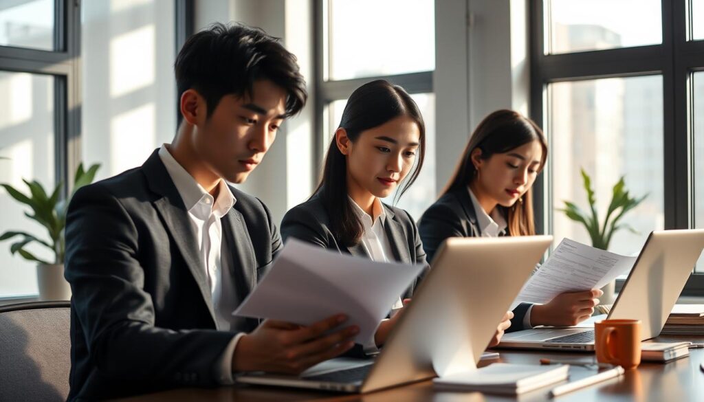 A serene office setting with a trio of youthful, Japanese-looking financial planners deeply engaged in their work. Soft natural light filters through the large windows, casting a warm glow on their faces as they pore over documents and laptop screens. Their expressions convey a sense of professionalism and concentration, reflecting the independent and specialized nature of their independent financial planning practice. The minimalist, tasteful decor and carefully curated personal touches suggest an atmosphere of expertise, dedication, and client-centric service.
