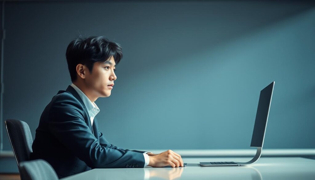 A serene office setting with a well-lit, airy atmosphere. In the foreground, a young Japanese exchange dealer sits at a sleek, modern desk, engaged in thoughtful contemplation. Their expression conveys a sense of calm focus, despite the visible stress and strain of their profession. The middle ground features a backdrop of muted grays and blues, evoking the fast-paced, high-stakes world of foreign exchange trading. Subtle lighting casts soft shadows, creating a sense of depth and drama. The overall mood is one of quiet introspection, highlighting the mental health challenges and stress management strategies required in this demanding career.