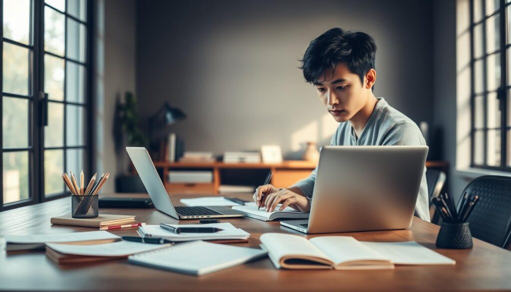 A serene office setting with a young Japanese-looking writer seated at a minimalist wooden desk, deep in concentration as they tap away on a laptop. Soft, natural lighting filters through large windows, casting a warm glow over the scene. A carefully curated array of writing implements, notebooks, and reference materials are neatly arranged, reflecting the meticulous attention to detail required in the craft of screenwriting. The writer's expression is one of focused determination, embodying the dedication and problem-solving skills essential for crafting compelling narratives. The overall atmosphere conveys the intellectual rigor and creative energy inherent in the screenwriter's work.