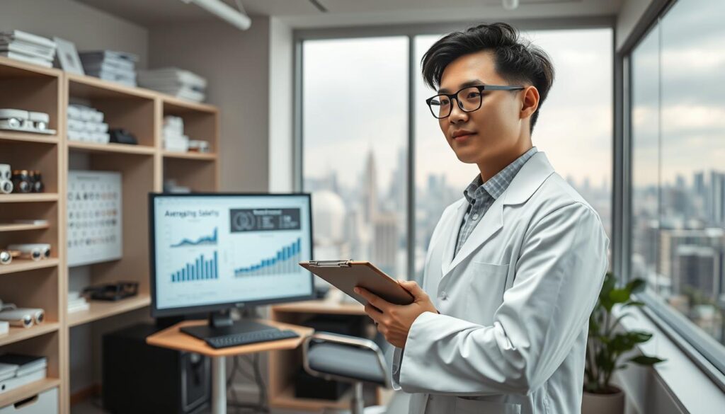 A serene office setting with a young, bespectacled Japanese-looking optometrist standing in the foreground, dressed professionally in a white lab coat. The optometrist is holding a clipboard and gazing intently at a computer screen displaying charts and graphs, analyzing data on average salaries and income trends for the optometry profession. The background features shelves of medical equipment, eye charts, and a panoramic window overlooking a bustling city skyline, conveying a sense of expertise and a thriving urban practice. Soft, diffused lighting creates a calm, contemplative atmosphere, with muted colors and clean, modern aesthetics.