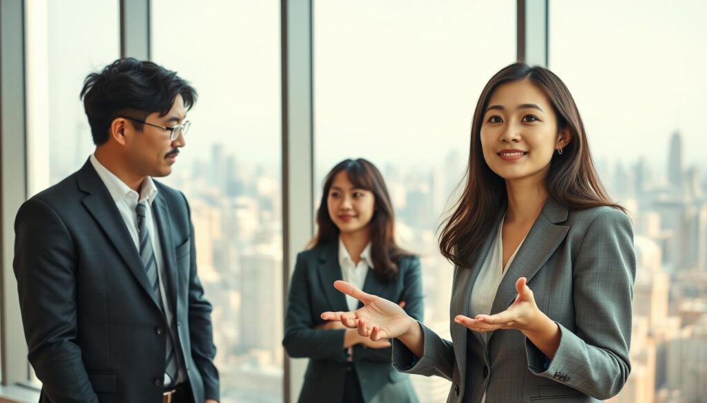 A serene office setting with large windows overlooking a bustling city skyline. A group of three young, professional-looking Japanese individuals, their facial features suggesting a youthful and ambitious demeanor, are engaged in a thoughtful discussion. The lighting is warm and natural, creating a sense of optimism and possibility. In the foreground, a female executive in a tailored business suit gestures confidently, conveying a sense of leadership and vision. Her colleagues, a male and a female, listen intently, their expressions reflecting deep engagement and a shared sense of purpose. The overall scene evokes the potential for growth, advancement, and a promising career trajectory for a general manager.