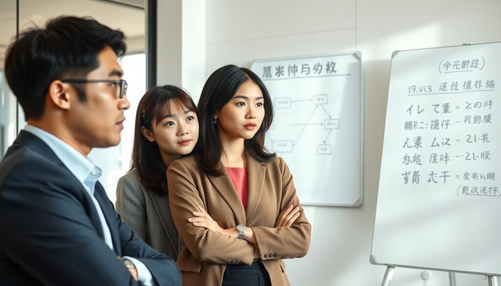A serene office setting with soft natural lighting. Three young, professional-looking Japanese individuals are engaged in a thoughtful discussion, their expressions conveying deep concentration. In the background, a minimalist whiteboard displays a visual representation of "キャリアコンサルタント理論" - a conceptual framework with interconnected elements. The scene evokes a sense of intellectual inquiry and collaborative problem-solving, capturing the essence of the "キャリアコンサルタントに必要な基本理論と知識" section.
