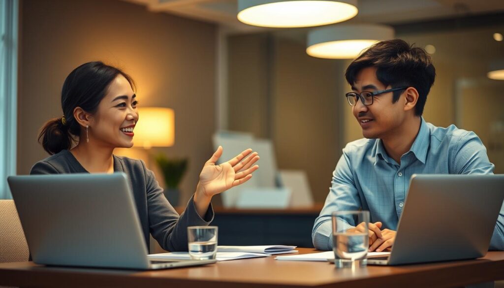 A serene office setting with two young Japanese-looking professionals, a man and a woman, sitting at a desk and discussing career options. Warm, diffused lighting casts a soft glow, creating an inviting atmosphere. The woman gestures expressively, while the man listens intently, their faces reflecting genuine interest and a sense of collaboration. The desk is neatly organized, with a laptop, folders, and a water glass, hinting at the supportive guidance offered by the Mynavi Agent career service. The background is subtly blurred, keeping the focus on the central figures and their meaningful interaction.