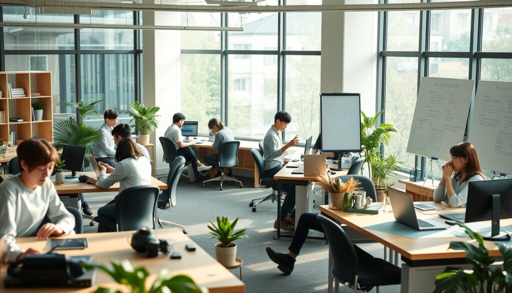 A serene office setting with young Japanese-looking programmers working flexibly in various poses - some coding at desks, others brainstorming on whiteboards, a few taking calls in cozy nooks. Soft natural lighting filters through large windows, creating a warm, productive atmosphere. The programmers display a balance of focus and relaxation, showcasing the adaptable, collaborative nature of their work. The scene captures the essence of a modern, dynamic programming workplace.