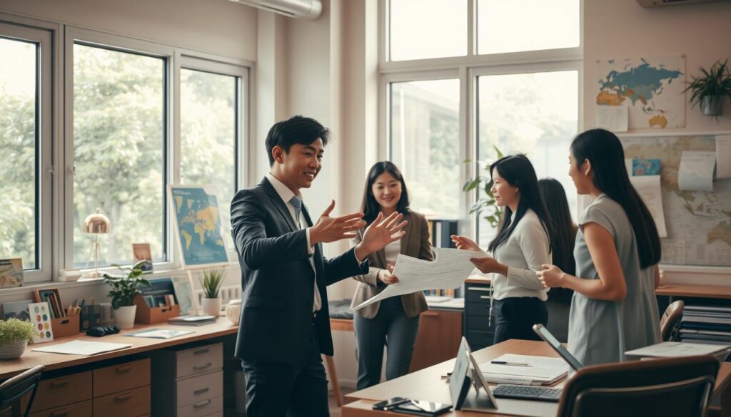 A serene office space, filled with natural light from large windows. A young, Japanese-looking consultant standing at a desk, gesturing animatedly while discussing plans with colleagues. The room is adorned with maps, travel brochures, and tourism-related decor, creating an atmosphere of exploration and discovery. The consultant's attire is professional yet casual, conveying expertise and approachability. Soft, warm lighting illuminates the scene, adding a sense of warmth and productivity. The composition captures the consultant's role in guiding and advising clients on tourism-related matters, their work embodying the essence of the "観光コンサルタントの仕事".