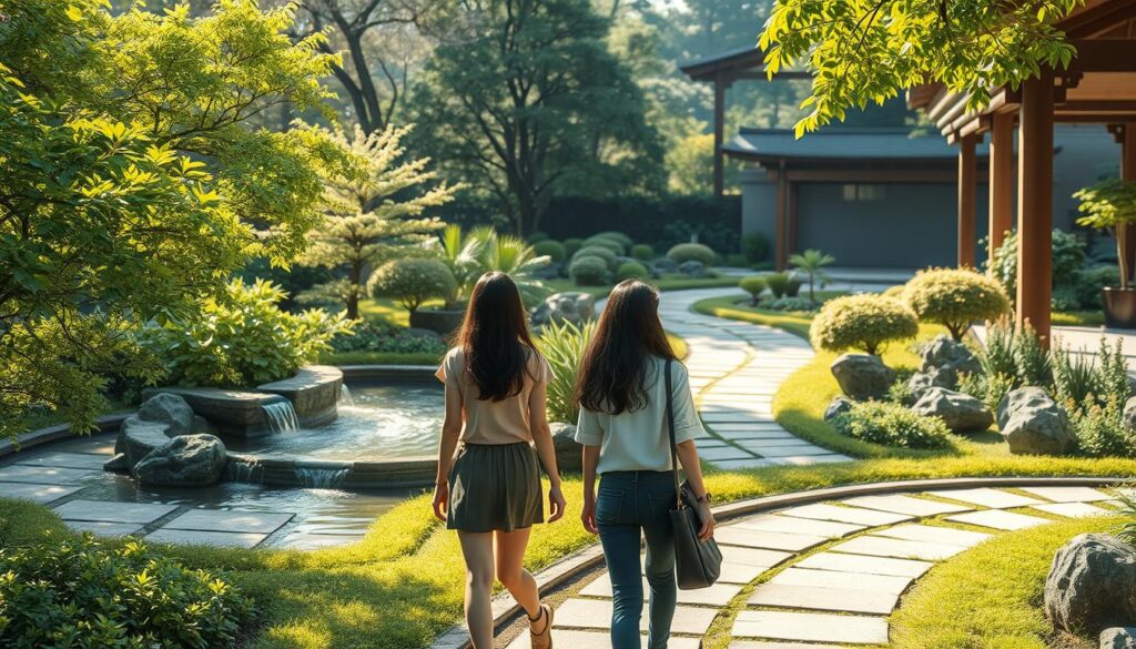A serene outdoor scene depicting the fundamentals of landscape design. Lush greenery and flowing water features create a harmonious atmosphere. Gentle lighting filters through the foliage, casting soft shadows across the expertly manicured pathways. Young Japanese individuals, with dark hair and realistic features, stroll through the tranquil environment, observing the architectural and horticultural elements that comprise the ideal exterior design. The scene conveys a sense of balance, functionality, and aesthetic appeal, encapsulating the core knowledge required for an exterior designer.