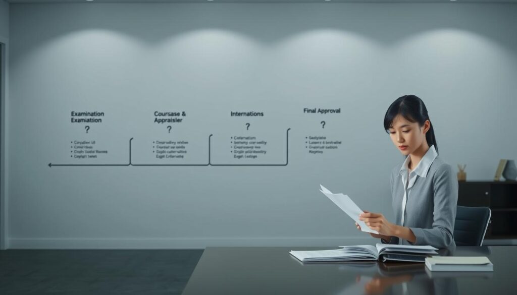 A serene, photorealistic scene depicting the credentialing process for a professional appraiser. In the foreground, a young Japanese woman in professional attire sits at a desk, intently studying documents and reference materials. The middle ground showcases a series of steps, each representing a milestone in the certification journey - examinations, coursework, internships, and final approval. The background features a minimalist office setting, with clean lines, muted tones, and subtle lighting that emphasizes the serious, academic atmosphere. The overall mood conveys a sense of focus, dedication, and the diligent pursuit of professional excellence.