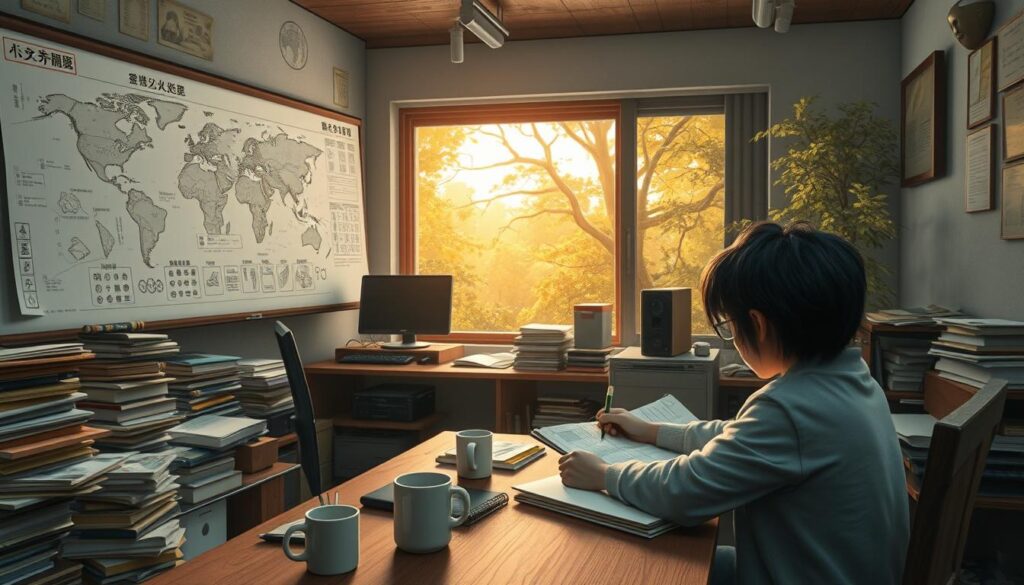 A serene, photorealistic scene of a fantasy writing process. In the foreground, a young Japanese writer with dark hair sits at a wooden desk, intently sketching character designs in a notebook. Behind them, a large whiteboard displays detailed world maps and plot outlines. The middle ground features a cluttered yet organized workspace, with piles of research materials, computer monitors, and coffee mugs. In the background, a window provides a picturesque view of a lush, magical forest, bathed in warm, golden sunlight. The overall mood is one of quiet focus and creative inspiration.