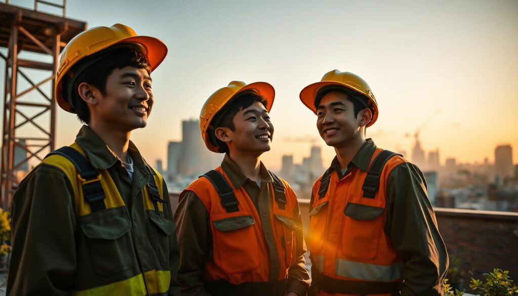 A serene rooftop garden, bathed in warm afternoon sunlight. Three young Japanese workers, clad in traditional rooftop work attire, pause to admire the city skyline. Their expressions radiate a sense of accomplishment and pride, their faces lit by the satisfaction of a job well done. The scene captures the allure and fulfillment of the rooftop construction profession, showcasing the skill, discipline, and teamwork that define this unique and valued trade.