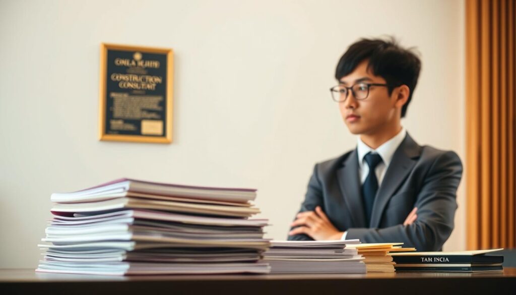 A serene scene depicting the essential credentials for a construction consultant. The foreground showcases a stack of official-looking documents and certificates, meticulously arranged against a clean, minimalist backdrop. The middle ground features a young, professional-looking Japanese individual, dressed in a smart, business casual attire, gazing intently at the qualifications with a contemplative expression. The background is softly blurred, creating a sense of focus and emphasizing the importance of the educational and licensing requirements. The lighting is warm and natural, casting a subtle glow on the scene, conveying a sense of authority and credibility. The overall composition is balanced and visually appealing, reflecting the expertise and dedication required to become a successful construction consultant.