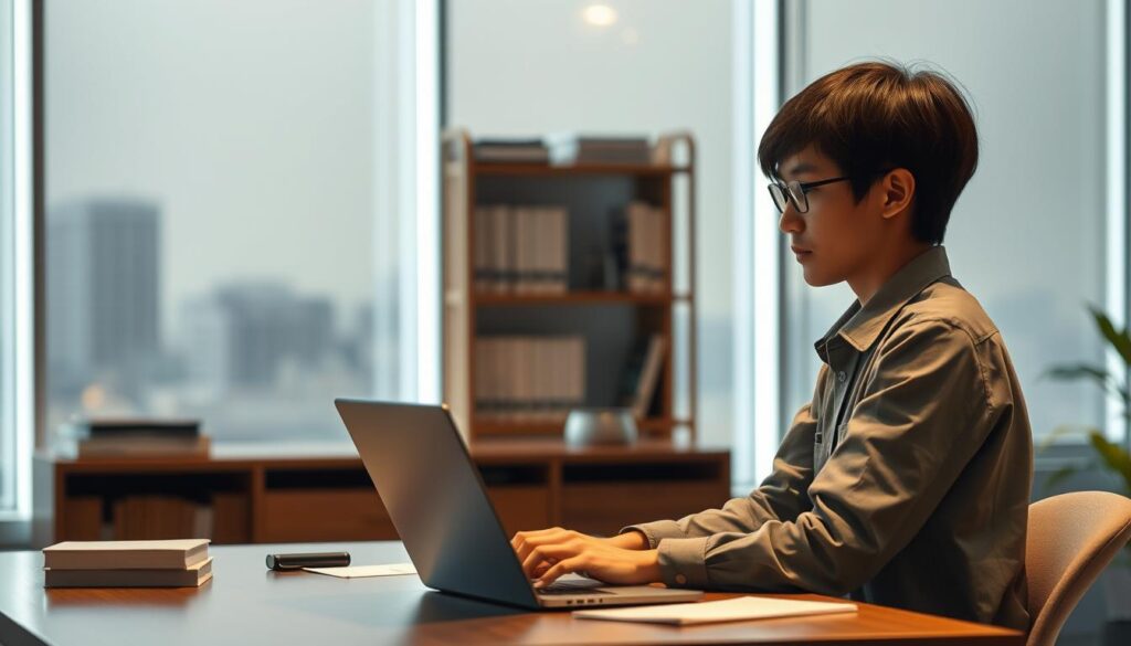 A serene scene depicting the fundamentals of copyright management. In the foreground, a young Japanese-looking person in a casual yet professional attire sits at a desk, intently focused on a laptop screen. Soft, diffused lighting illuminates the workspace, creating a contemplative atmosphere. In the middle ground, bookshelves and legal documents hint at the intellectual property concerns they must navigate. The background features a muted cityscape, suggesting the broader context in which these critical decisions are made. The overall mood is one of quiet diligence, reflecting the careful stewardship required to uphold the rights of creative works.